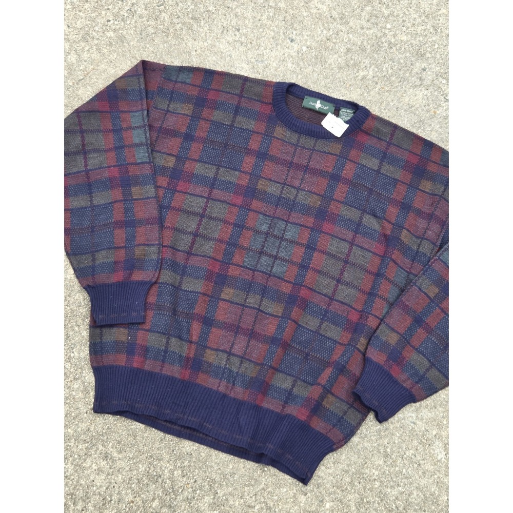 Vintage Grandpa Sweater Crewneck Pullover Plaid Wool Blend Large Made in Italy